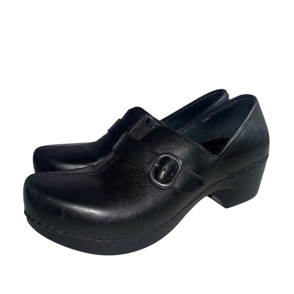 Dansko Black Leather Buckle Strap Clogs Block Heel Shoes Womens 39 4800020200